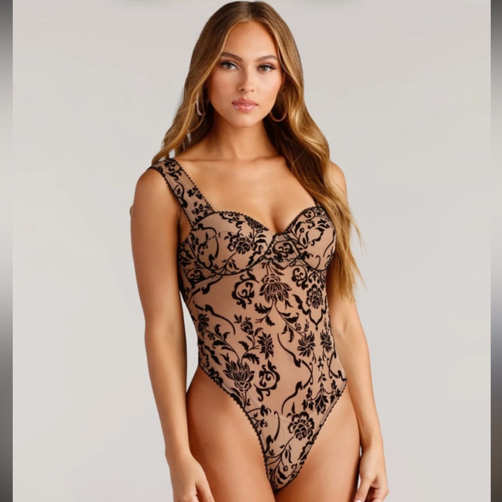 Windsor Black Floral Smocked Bustier Bodysuit
